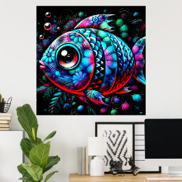 Póster Pescado floral de ojos grandes y caprichosos Rosa