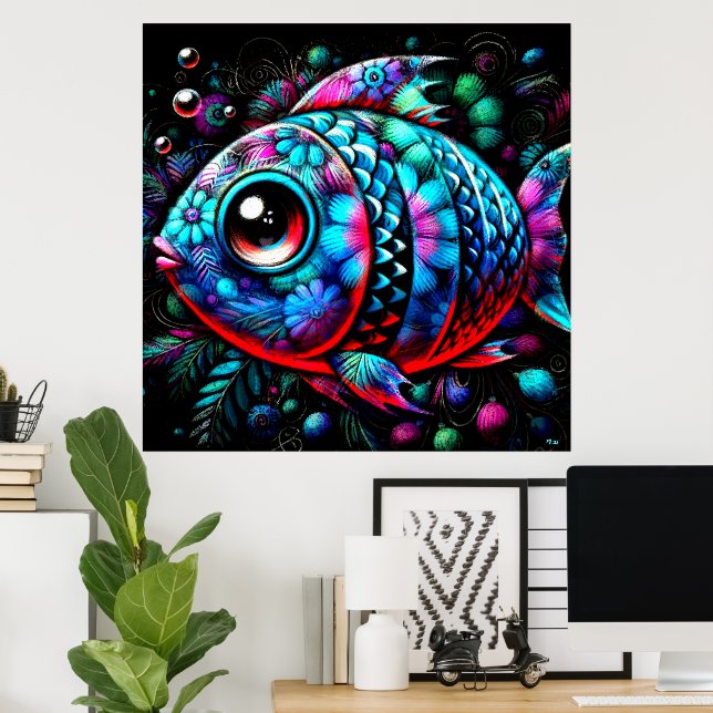 Póster Pescado floral de ojos grandes y caprichosos Rosa  (Oficina en casa)