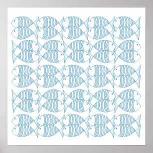 Póster Pescado Nautical Blue White Stripe