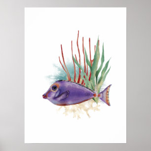 Póster Pescado púrpura y dorado simple acuarela