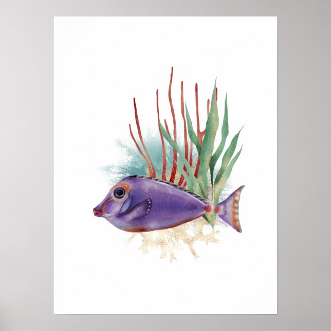 Póster Pescado púrpura y dorado simple acuarela (Frente)