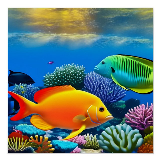 Póster Pescado subacuático y arrecife de coral (Anverso)