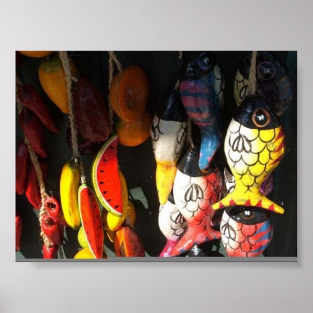 Póster pescado y fruta coloridos en el mercado (Frente)