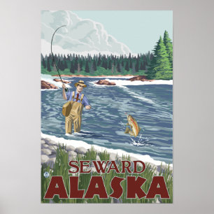 Póster Pescador de la mosca - Seward, Alaska