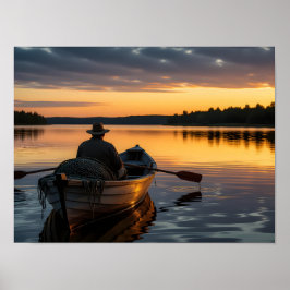 Póster Pescador en una barca de remos de madera