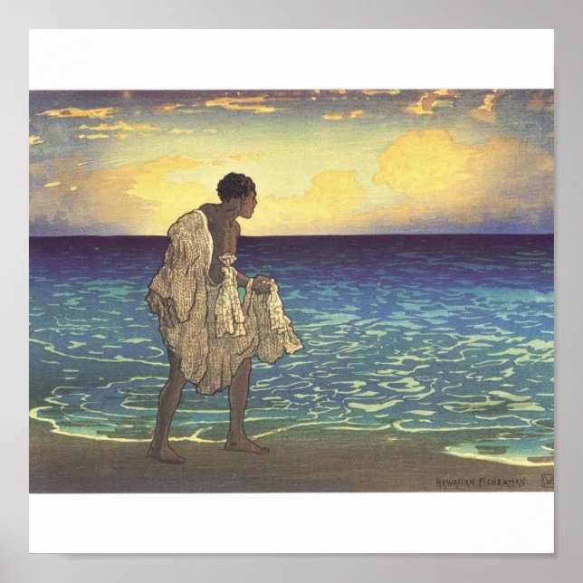 Póster Pescador hawaiano, huella de madera (Frente)