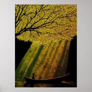 Póster Pescador nocturno bajo la copa de un árbol gigante