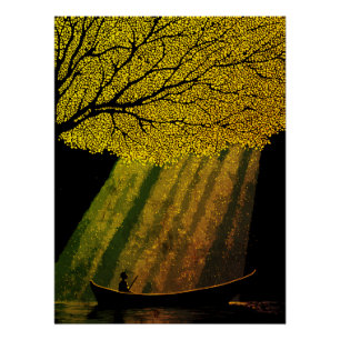 Póster Pescador nocturno bajo la copa de un árbol gigante