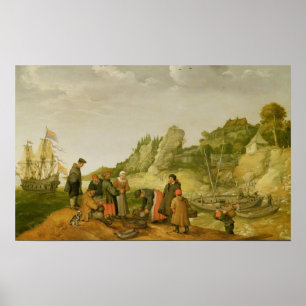 Póster Pescador que descarga y que vende su captura