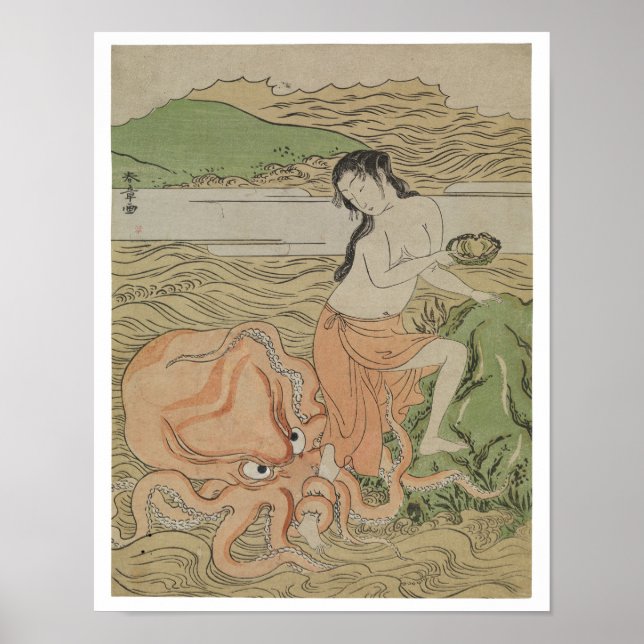 Póster Pescadora Vintage con pulpo, Japón retro (Frente)