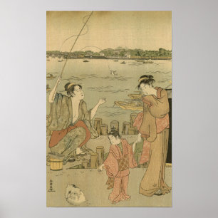 Póster Pescadores de madera de la pesca japonesa