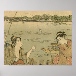 Póster Pescadores de madera de la pesca japonesa
