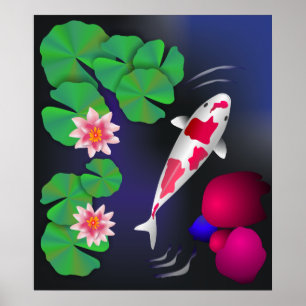 Póster Pescados de Koi del japonés, flores de Lotus y