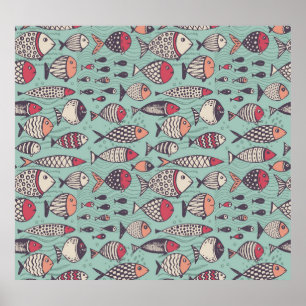 Póster Pescados divertidos: patrón sin costuras dibujado 