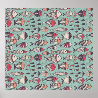 Póster Pescados divertidos: patrón sin costuras dibujado