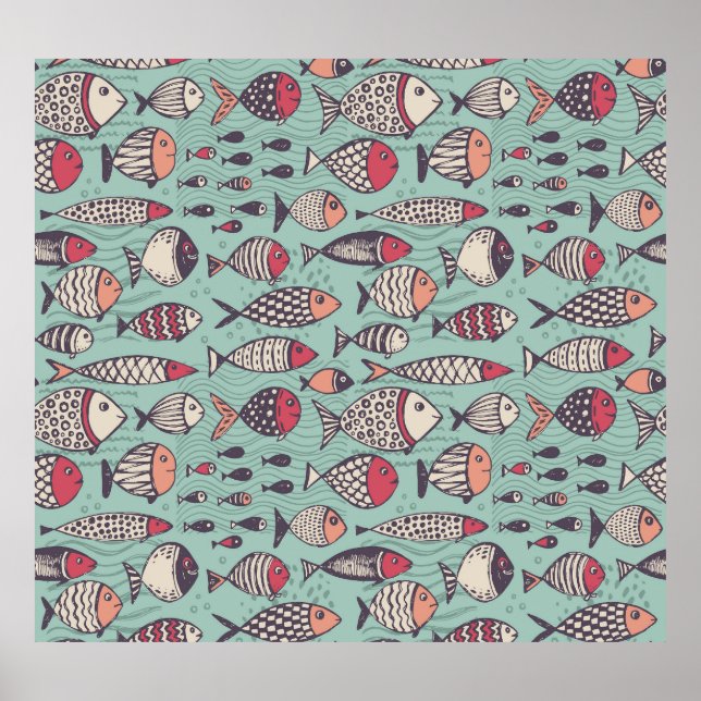 Póster Pescados divertidos: patrón sin costuras dibujado  (Frente)