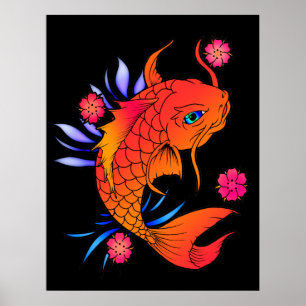 Póster pescados y flores del koi