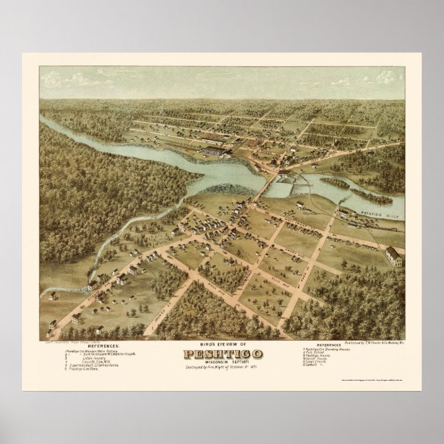 Póster Peshtigo, WI Mapa Panorámico - 1871 (Frente)