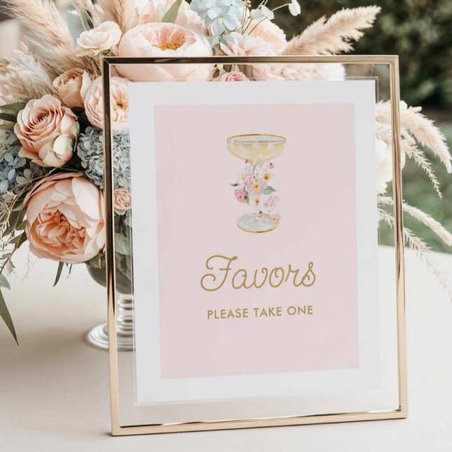 Póster Petales rosados y ducha de novia prosecco favorece (Petals and Prosecco Favor Sign)