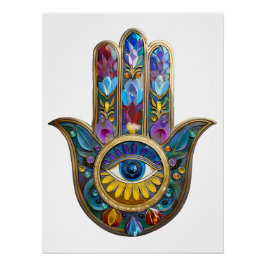 Póster Pétalos Coloridos Hojas Hamsa Zafiro Tercer Ojo
