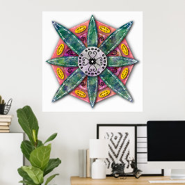 Póster Pétalos de flores verdes de Mandala 8 en rojo