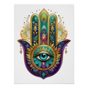 Póster Pétalos de Oro Verde Violeta Hamsa Turquesa Tercer