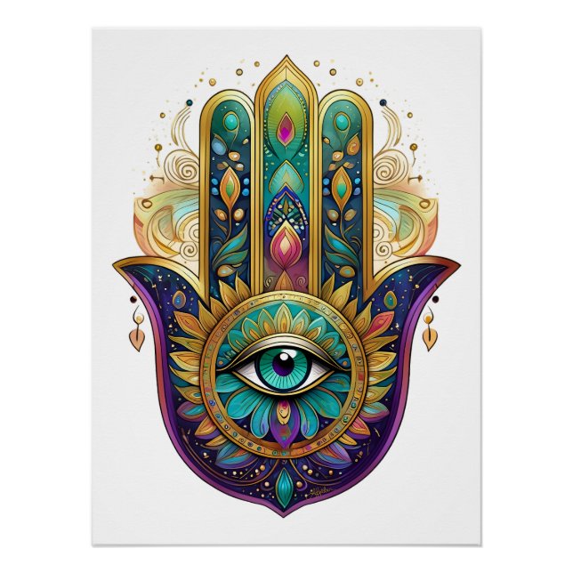 Póster Pétalos de Oro Verde Violeta Hamsa Turquesa Tercer (Anverso)