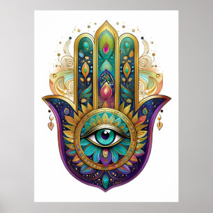 Póster Pétalos de Oro Verde Violeta Hamsa Turquesa Tercer