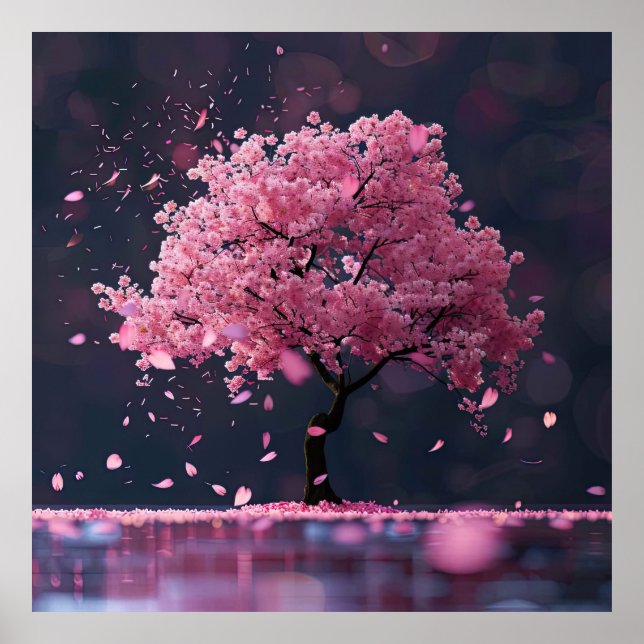 Póster Pétalos en caída del árbol de flores de cerezo (Frente)