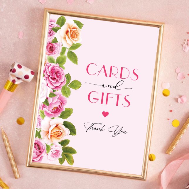 Póster Pétalos y tarjetas y regalos florales rosas Prosec (Petals and Prosecco pink floral Cards and gifts Poster)