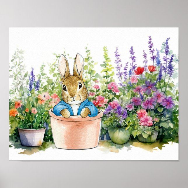 Póster Peter el Conejo en la planta de olla en su jardín (Frente)