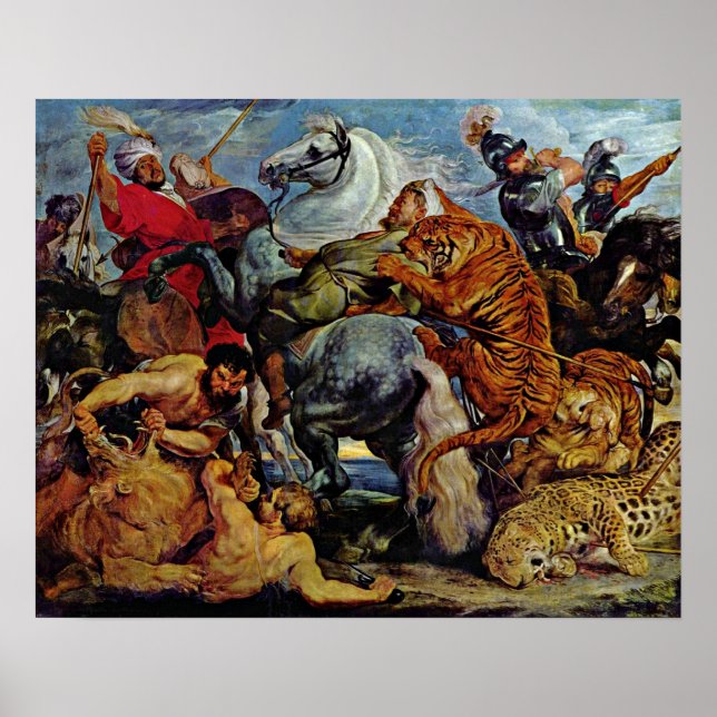 Póster Peter Paul Rubens - Cacería de tigres y leones (Frente)