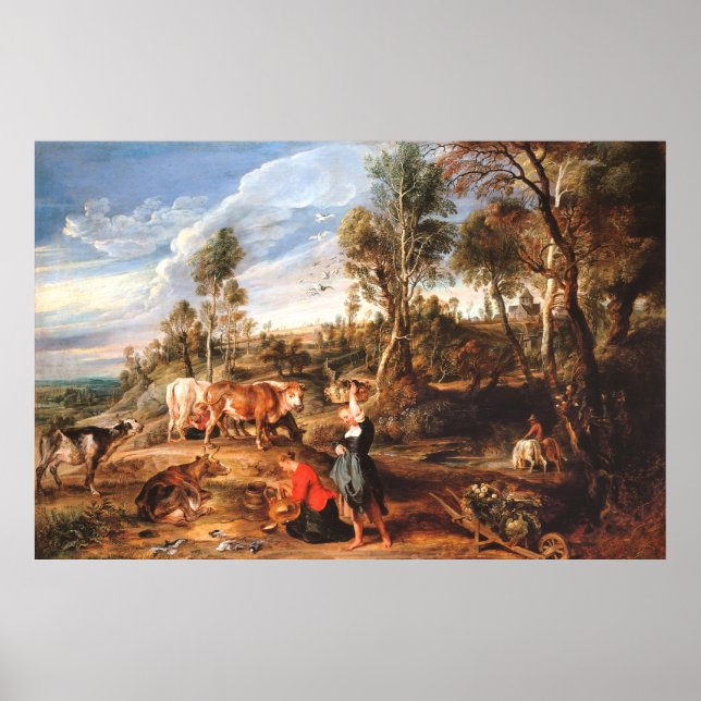 Póster Peter Paul Rubens Milkmaids con ganado en tierra (Frente)