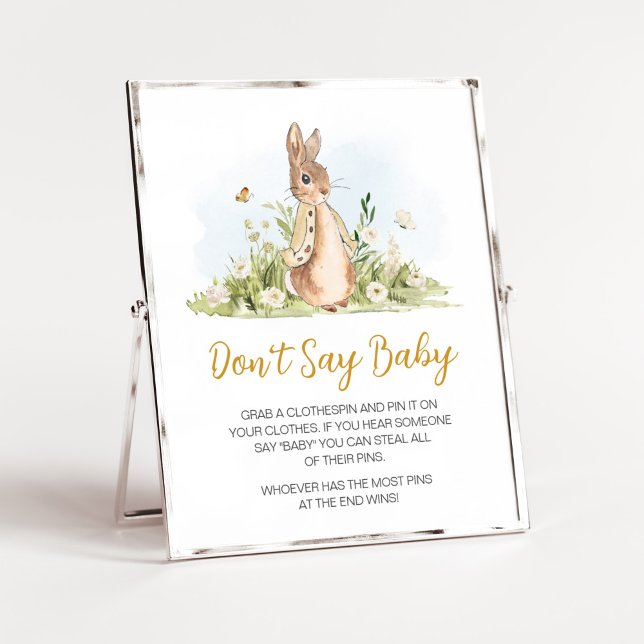 Póster Peter Rabbit Baby Shower no dice bebé (Rabbit Gender Neutral Baby Shower Don't Say Baby Sign)