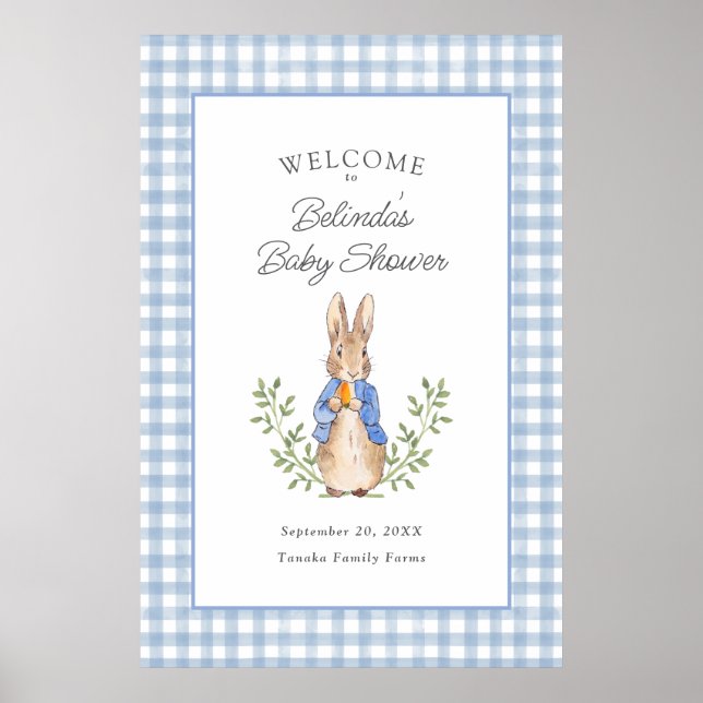 Póster Peter Rabbit Blue Gingham Baby Shower Welcome (Frente)