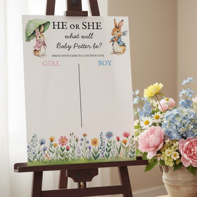 Póster Peter Rabbit He or She Gender Reveal Voting Game (Peter Rabbit storybook themed gender reveal voting poster game.)