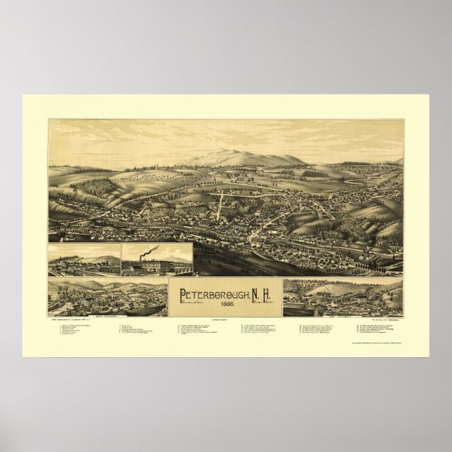 Póster Peterborough, Mapa Panorámico NH - 1886 (Frente)