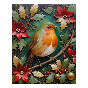 Póster Petirrojo entre acebo y poinsettia