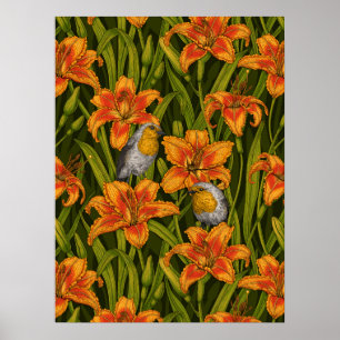 Póster Petirrojos y flores de lirio, naranja y verde oscu
