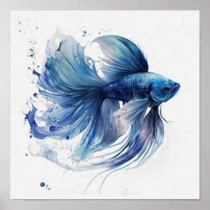 Póster Pez Betta Azul con Aletas de Estilo Acuarela Fluye