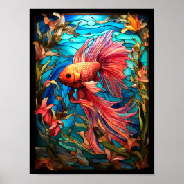 Póster Pez Betta Rosa Ventana de Vidrio Emplomado