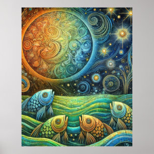 Póster Pez Cósmico y Olas del Océano Vibrantes del Sol Ce