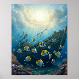 Póster Pez de arrecife hermoso con un naufragio