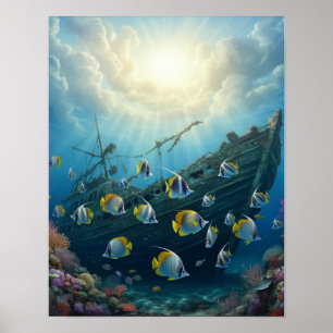 Póster Pez de arrecife hermoso con un naufragio