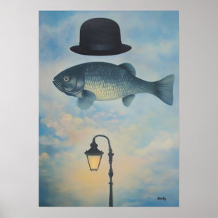 Póster Pez de paisaje onírico surrealista con sombrero bo