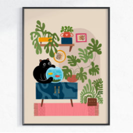 Póster Pez dorado gato negro Amante del gato juguetón
