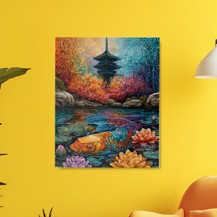 Póster Pez Koi Arcoíris Jardín Japonés Pagoda