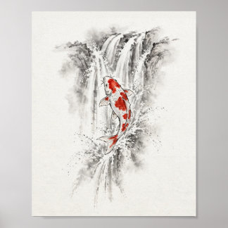 Póster Pez Koi de Tinta Saltando Cascada