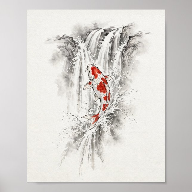 Póster Pez Koi de Tinta Saltando Cascada (Frente)