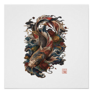 Póster Pez Koi Japonés Tatuaje Japonés Tradicional
